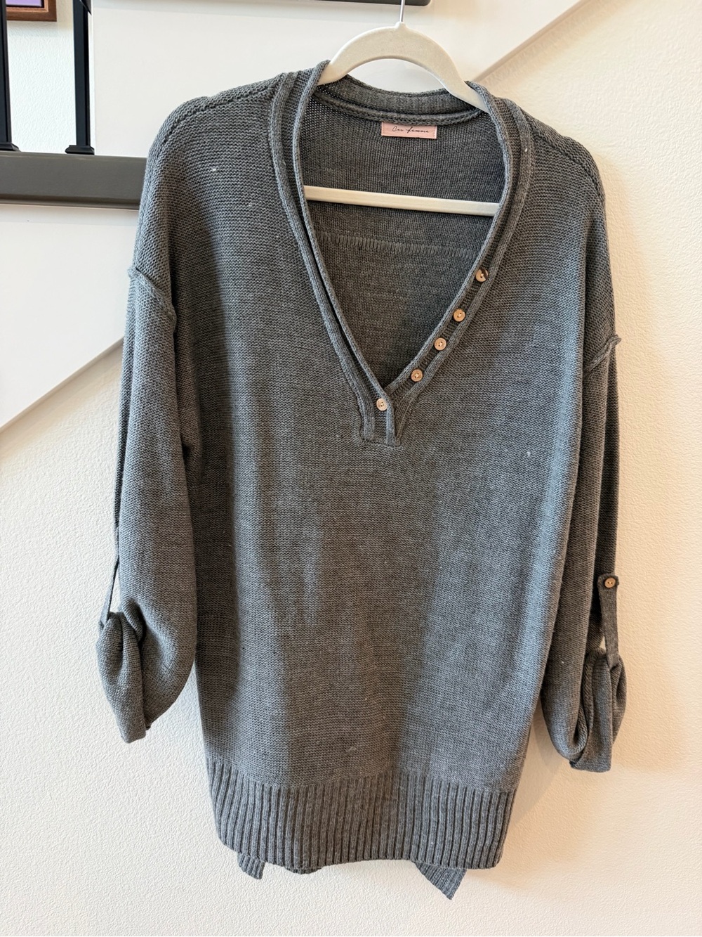 Ces Femme Gray V-Neck Button Accent Sweater